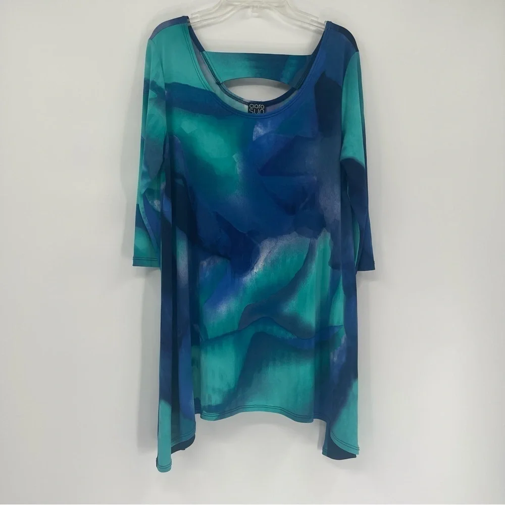 Clara Sun Woo Tie Dye  Asymmetric Hem Blouse Blue Green Size Small Tunic - Picture 8 of 9